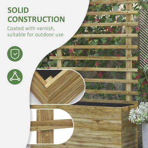 Natural wood back trellis and raised planter with sturdy slatted side supports