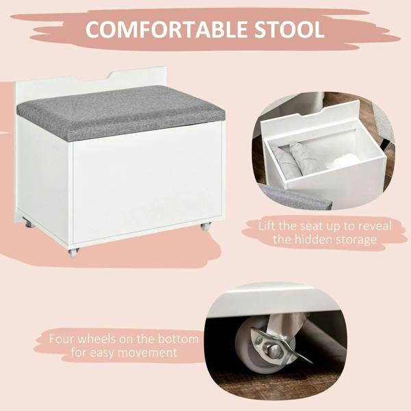 White storage stool with gray cushion, hinged seat revealing hidden storage, castor wheels