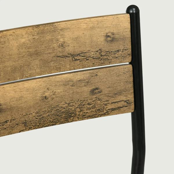 Rustic brown chair back with black frame, wood-grain finish