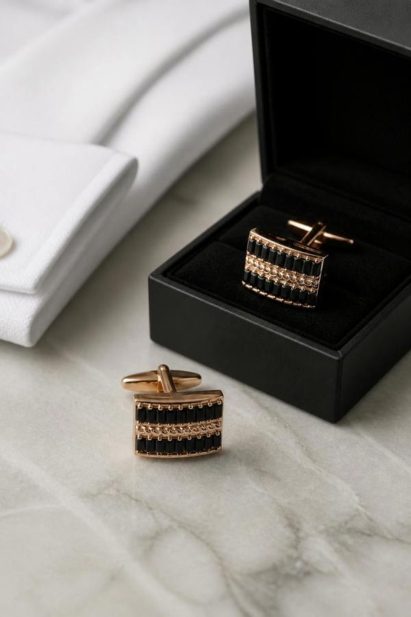 Pamoni Rose Gold & Black Baguette Rectangular Cufflinks
