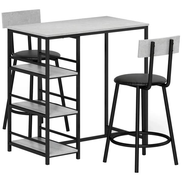 Light grey square dining table with black frame and two bar stools, plus shelving unit