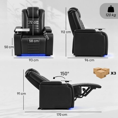 HOMCOM Electric Recliner Armchair w/ Type C+USB, LED Light, Storage, Black