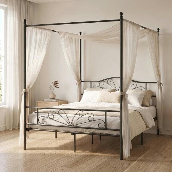 Canopy Bed Frame King Size, Metal Platform Bed Frame with Headboard and Footboard, Underbed Storage, Black