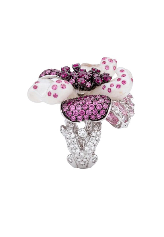 Latelita White Jade Ruby Rose Flower Cocktail Ring Silver