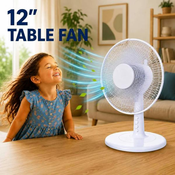 Dyzi 12 Inch 35W Table Fan 3 Speed Oscillating Adjustable Tilt White