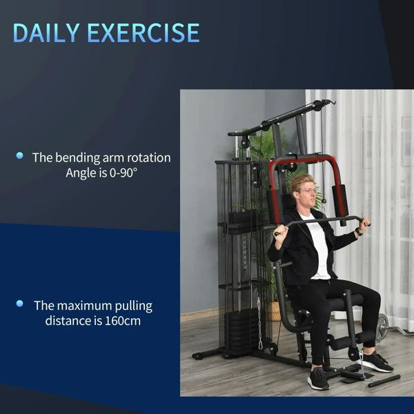 Black weight training machine with bench-style seat and overhead bending arm