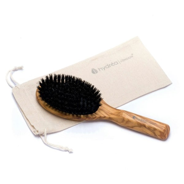 Hydréa London Premium Olive Wood Boar Bristle Hair Brush with No-Pull Cushion – Smooth & Shine