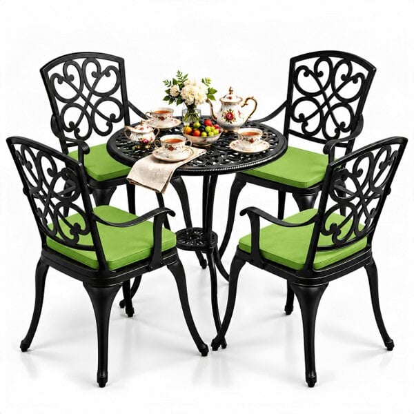 Homeology VIVALDI Black 5-Piece Cast Aluminium Garden Bistro Set - with Green Cushions