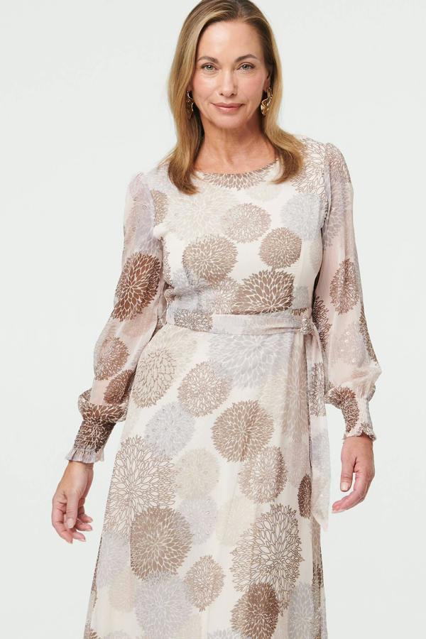 Beige | Printed Long Sleeve Layered Midi Dress