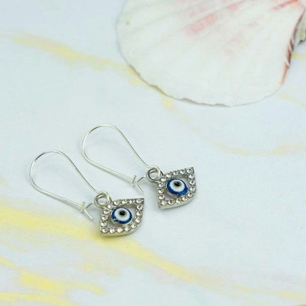 The Colourful Aura Long Silver Evil Eye Huggie Dainty Zircon Devil Eye Charm Latch Back Earrings