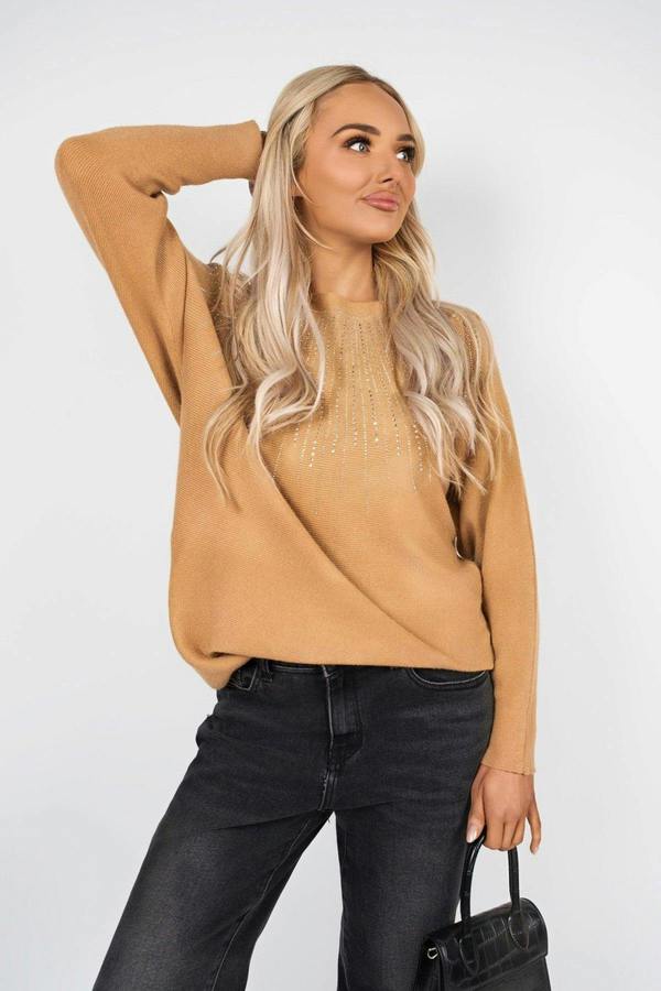 Haisley Long Sleeve Knitted Jumper With Embellished Neckline - Camel