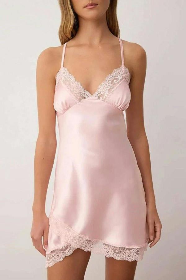 WOVCOR Lace and Slit Detail Strappy Satin Woven Nightdress