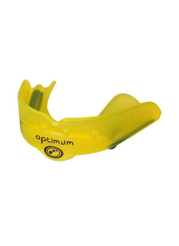Yellow Optimum Matrix mouthguard with black logo, side view on white background - Optimum