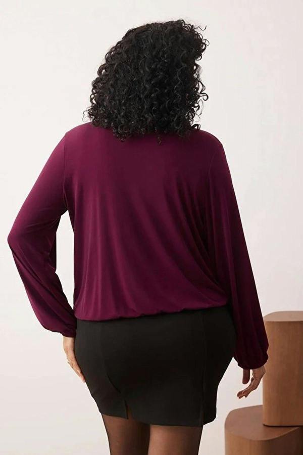 WOVCOR Balloon Sleeve Wrap Collar Knitted Blouse