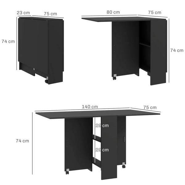 Black drop-leaf dining table with two-tier shelf, shown in multiple folded positions