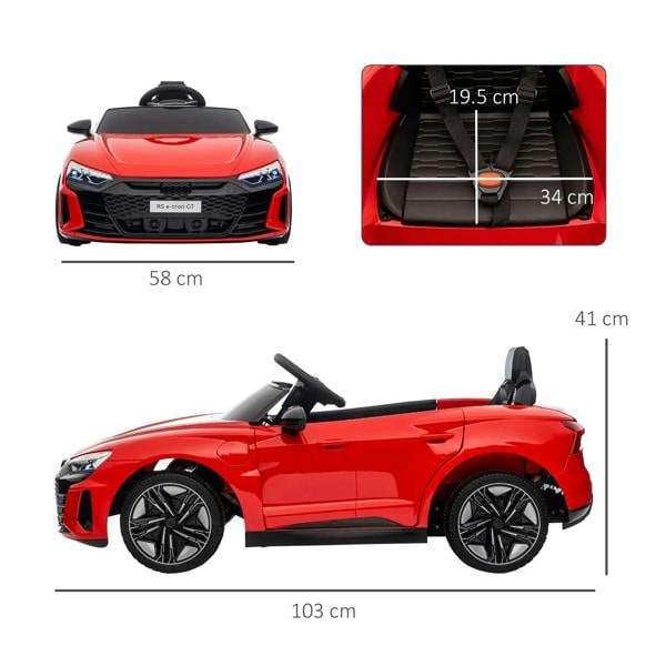 Red kids electric ride-on convertible car side view with size measurements