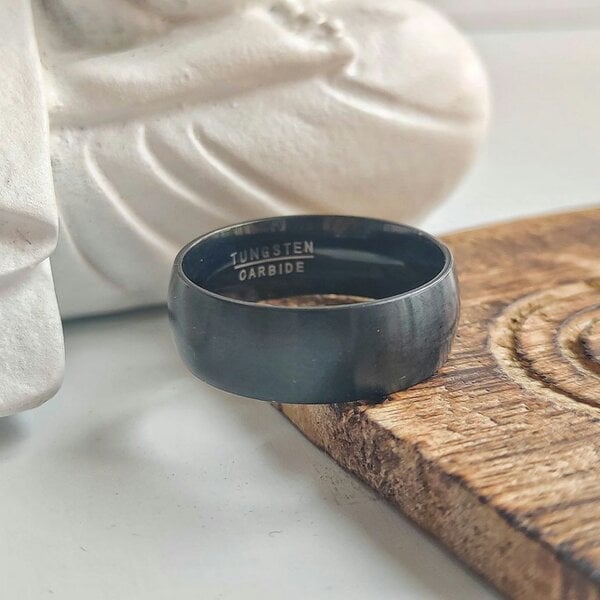 The Colourful Aura 8mm Mens Matt Black Blue Silver Plain Tungsten Engagement Band Ring