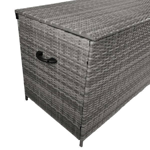 Grey rattan storage box with a textured weave, featuring a sturdy handle and spacious interior for versatile organization