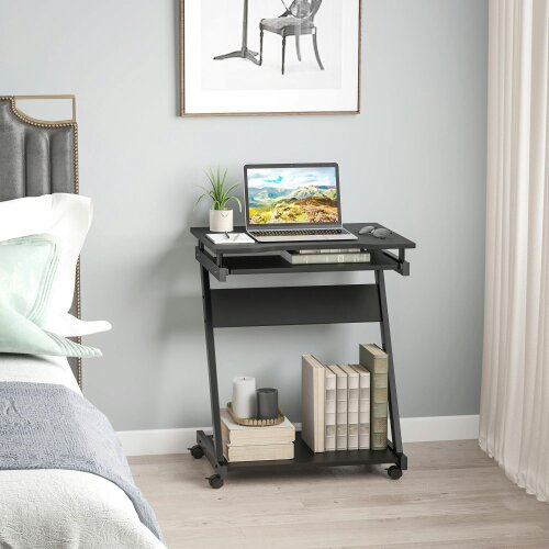 Wyld Haus Kamo Wooden Black Mobile Desk With Castor Wheels And Sliding Keyboard Tray