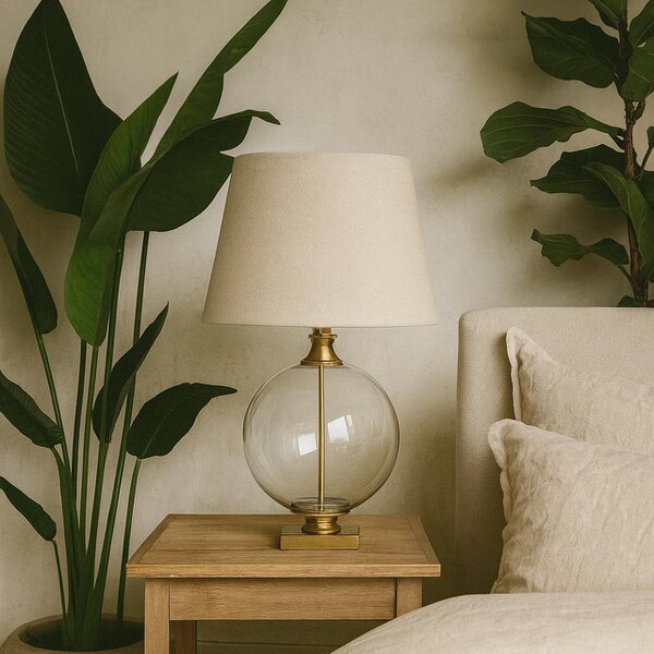Wyld Haus Domme Glass Orb Table Lamp With Cream Linen Tapered Shade