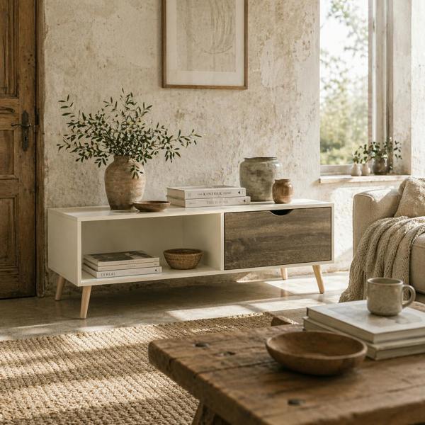 Wyld Haus Nanola Wood White  and Grey Coffee Table With 2 Drawers
