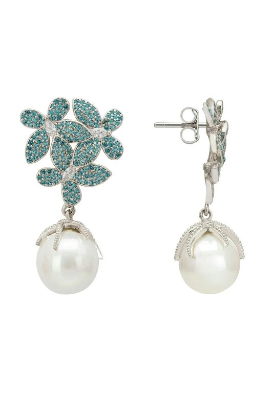 Latelita Flowers Pearl Earrings Aqua Blue Silver