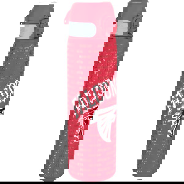 A red water bottle, featuring the Atlanta Falcons logo and "Rise Up" branding, stands against a white background.