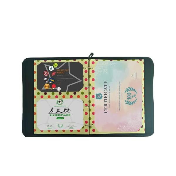 Green polka dot certificate holders for proud moments display