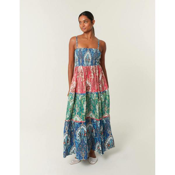 Blue Vanilla Paisley Printed Shirred Waist Strappy Midi Dress