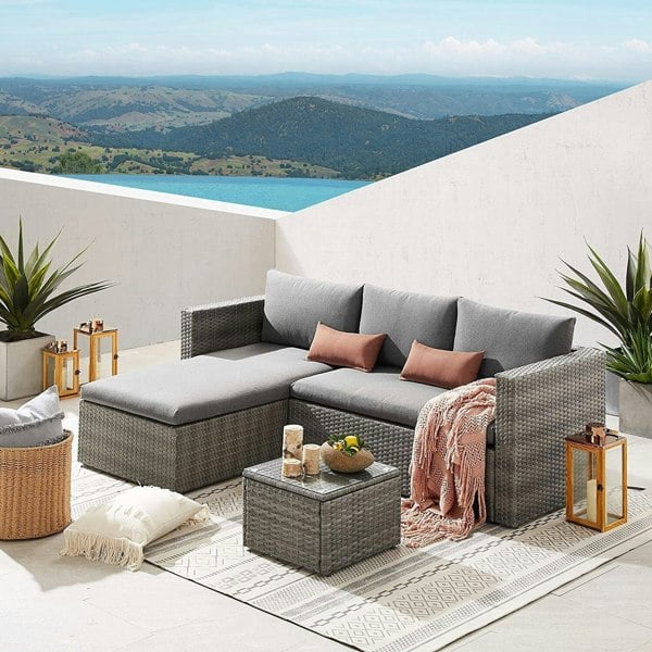 3 Piece Rattan Patio Reversible Corner Sofa + Table