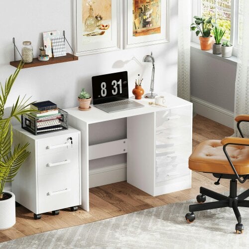 Wyld Haus Reka 98cm High Gloss White Desk 4 Drawers For Home Office
