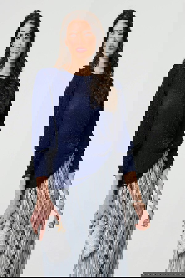 Navy | Sparkly 3/4 Puff Sleeve Mesh Top
