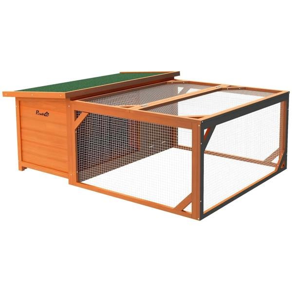 Orange small animal hutch with covered run, wire mesh sides and openable roof