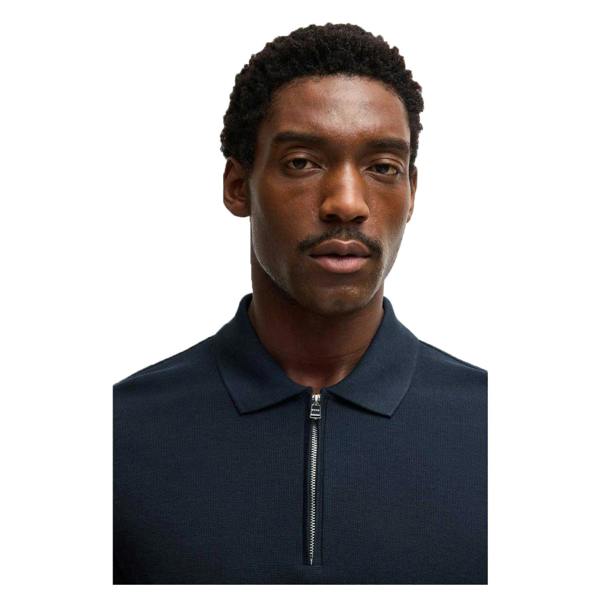 Boss Mens Zip Neck Regular Short-Sleeved Polo Shirt - Dark Blue - 