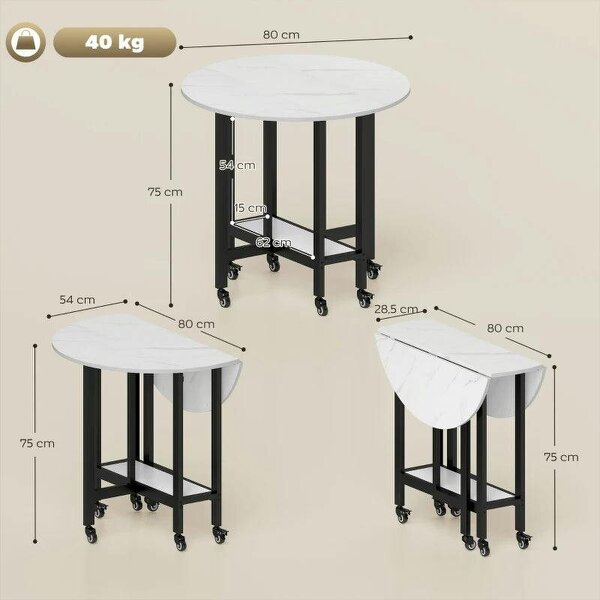 Folding Dining Table, Drop Leaf Table with Open Shelf, Rolling Kitchen Table for Dining Room, Small Spaces, White Marble