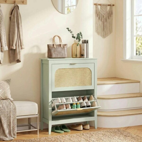 Narrow Shoe Cabinet, Boho Slim Shoe Storage Cabinet with 2 Flip Drawers, Holds 14 Pairs, Light Green - Light Green