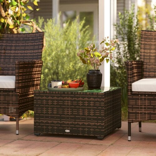 Wyld Haus Nolone Brown Rattan Outdoor Glass Top Side Table