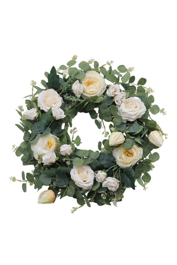 Living and Home D40cm Artificial Camellia Eucalyptus Wreath
