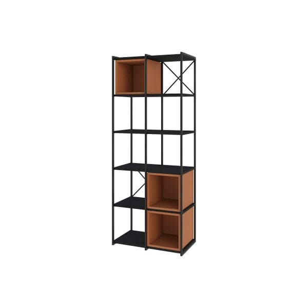 Decortie Modern Vale Midi Bookcase Display Unit 5-Tier Metal Frame 3 Adjustable Shelf 18mm Engineered Wood (Black Wood - Black Wood and Cinnamon