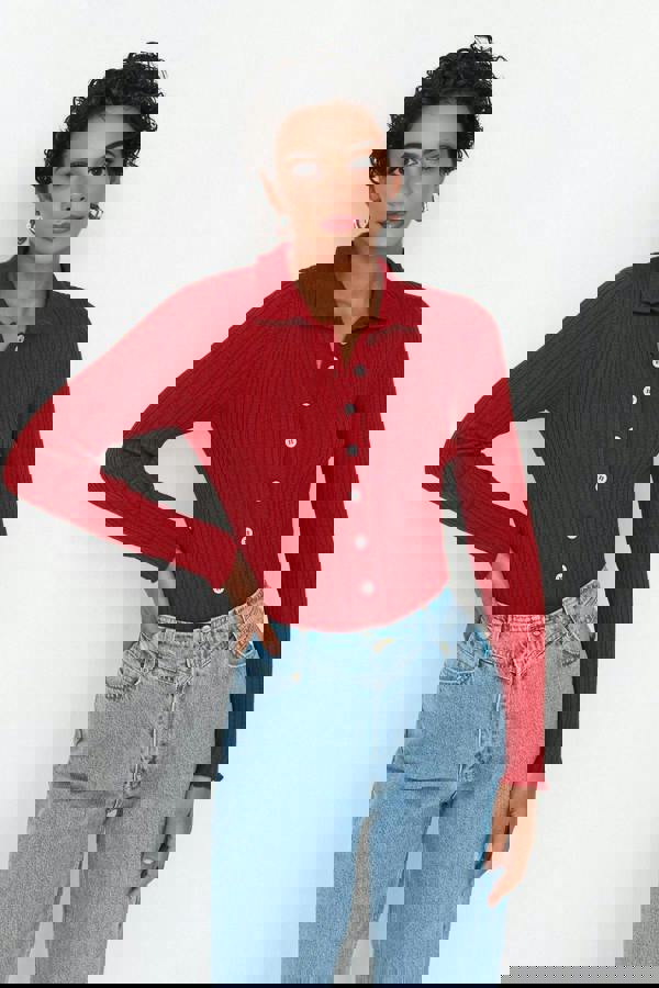 WOVCOR Mercerized Look Ribbed Polo Neck Knit Cardigan