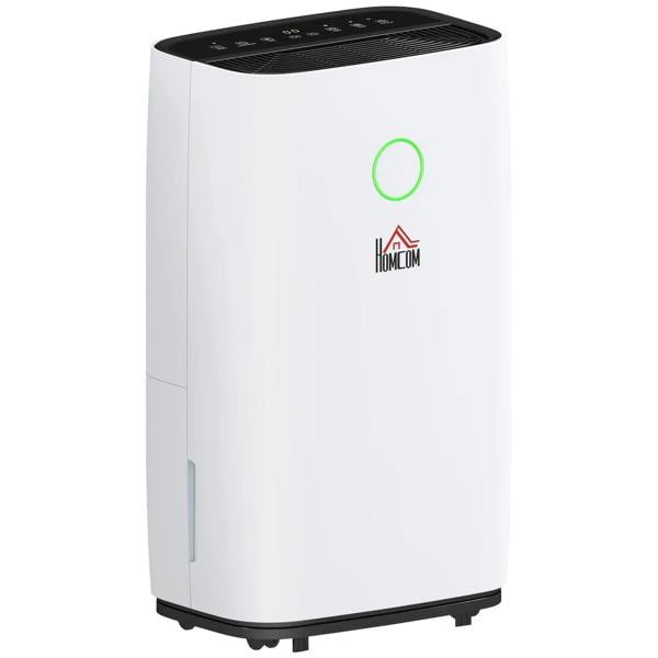 White portable dehumidifier with green LED indicator and top vent grille