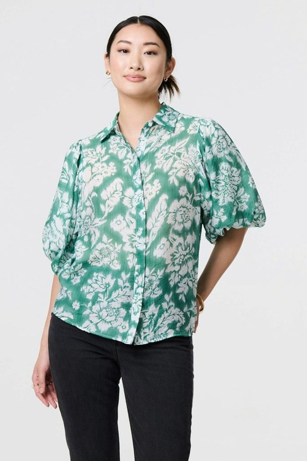 Green | Floral Print 1/2 Puff Sleeve Shirt
