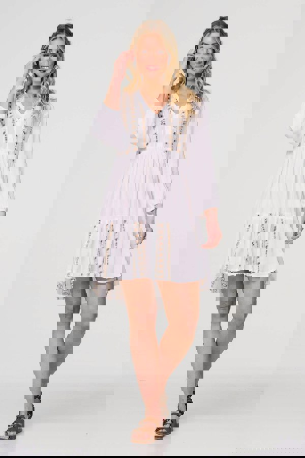 White | Embroidered V-Neck Tiered Smock Dress