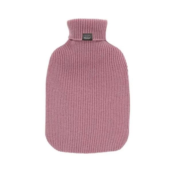 Pink Fashy 2L hot water bottle with ribbed knit cover and funky label