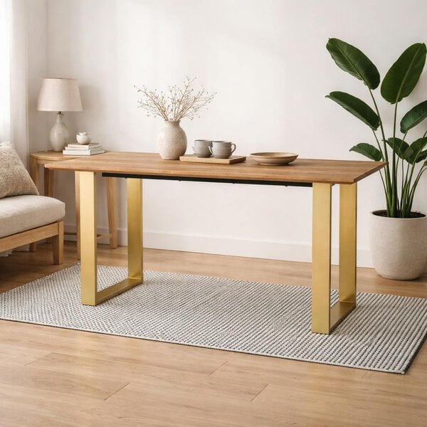 Wyld Haus Sazzuma Rectangular Wooden Dining Table Industrial Brass Metal Legs