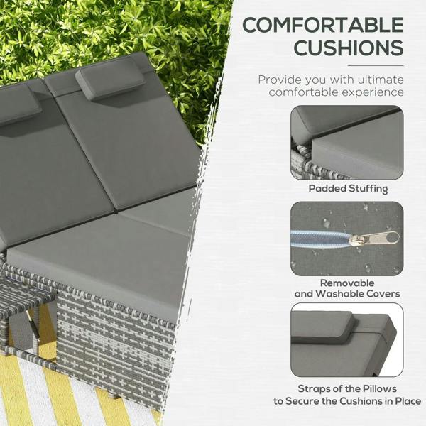 Grey padded cushions with removable cover look on a woven rattan day bed