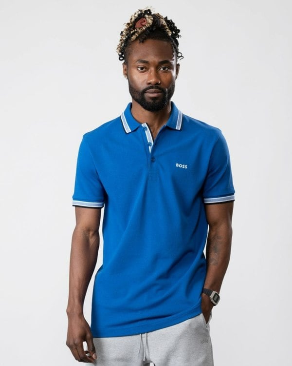 BOSS Green Paddy Mens Cotton-Piqué Polo Shirt with Contrast Logo - Medium Blue 420