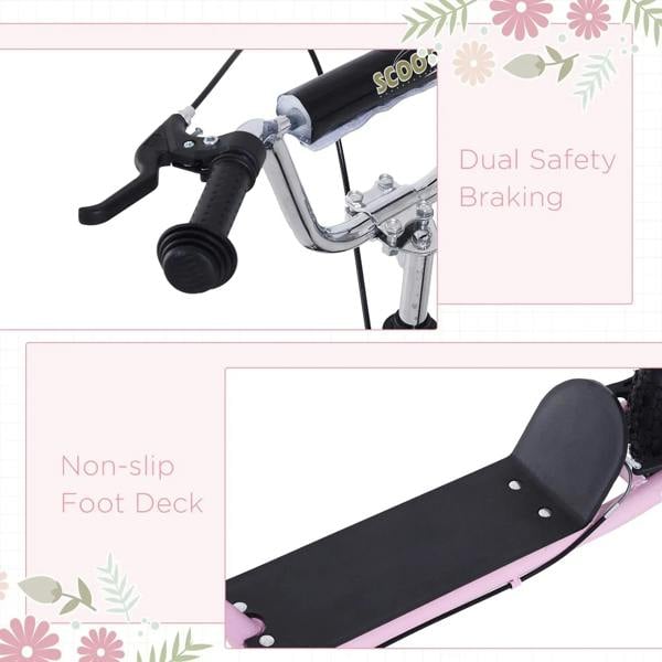Pink kids scooter handlebar and black non-slip foot deck with safety braking