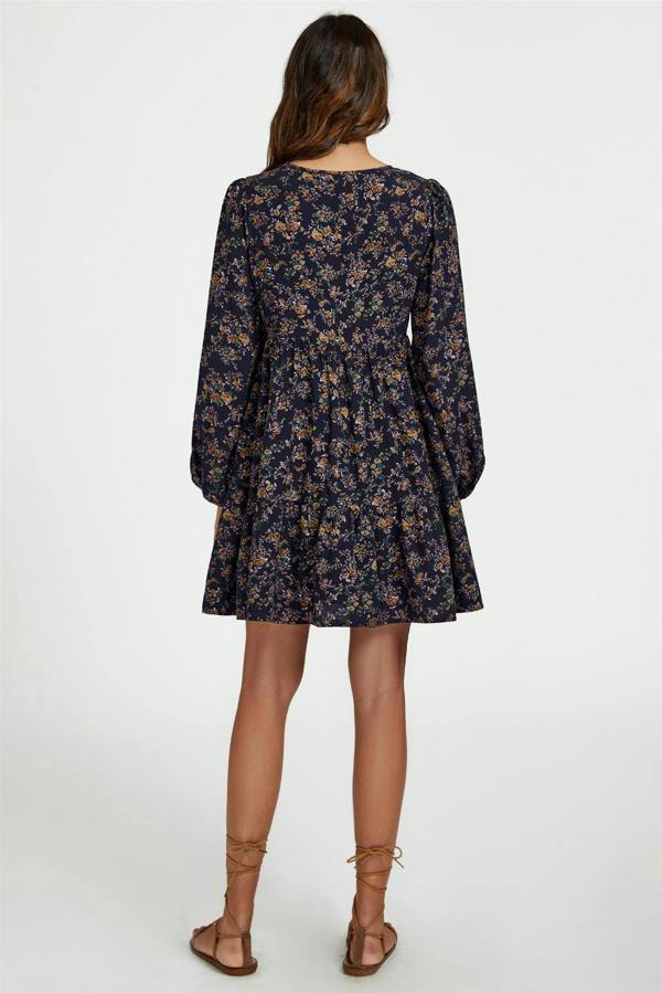 FS Collection Little Floral Print V Neck Mini Dress In Navy