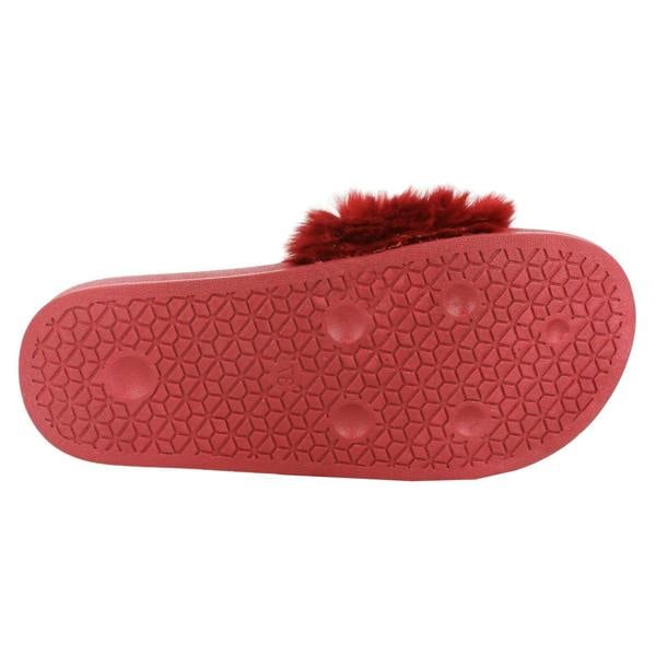 Spot On Ladies Spot On Pearl Trim Faux Fur Slider Style Sandals